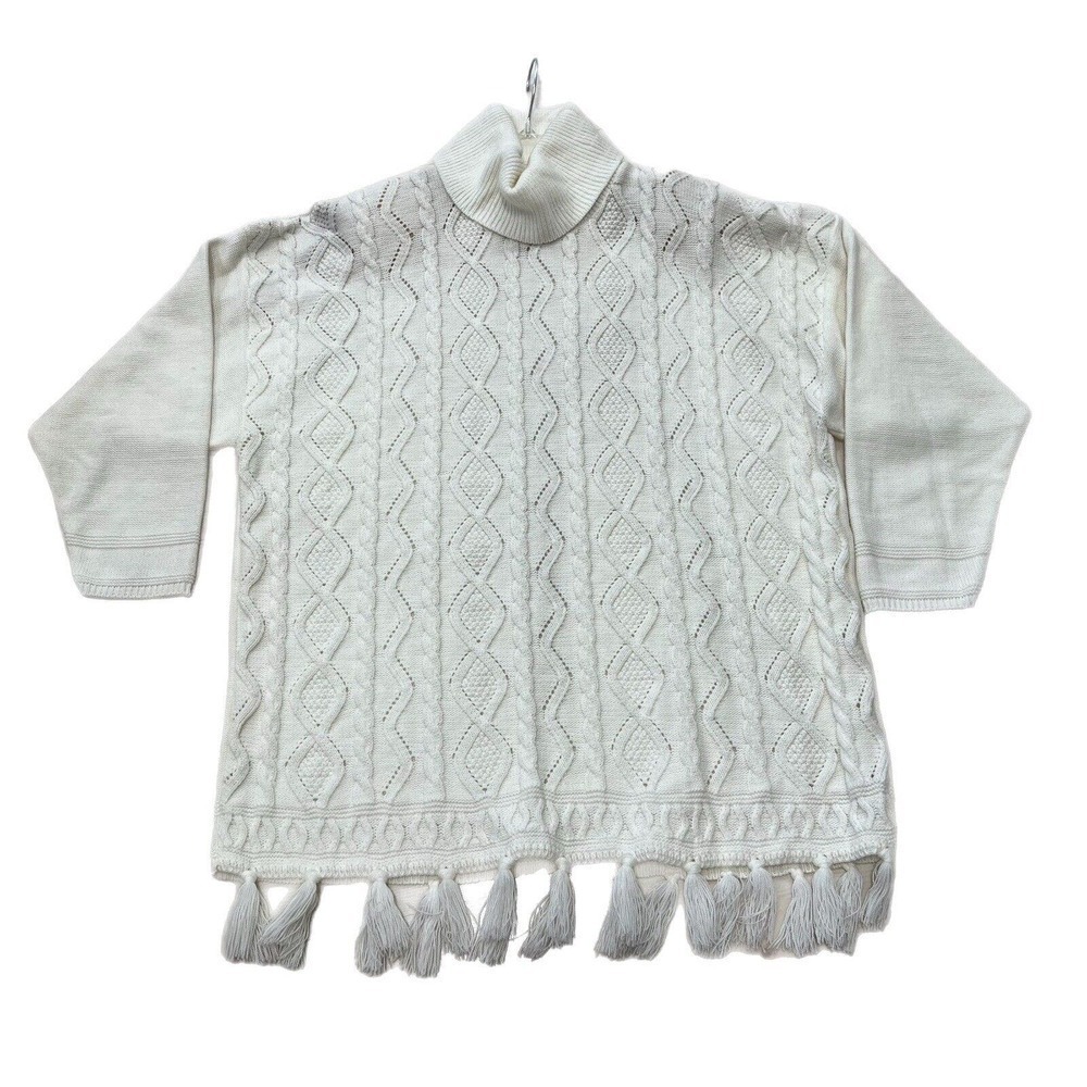 Maggie McNaughton Women's Size 2XL White Sweater Chunky Knit Fringe USA made